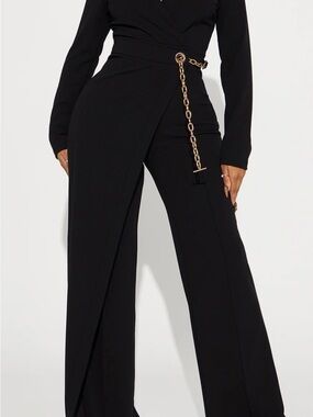 Fashion Nova Black Long Sleeve Jumpsuit with Gold Chain